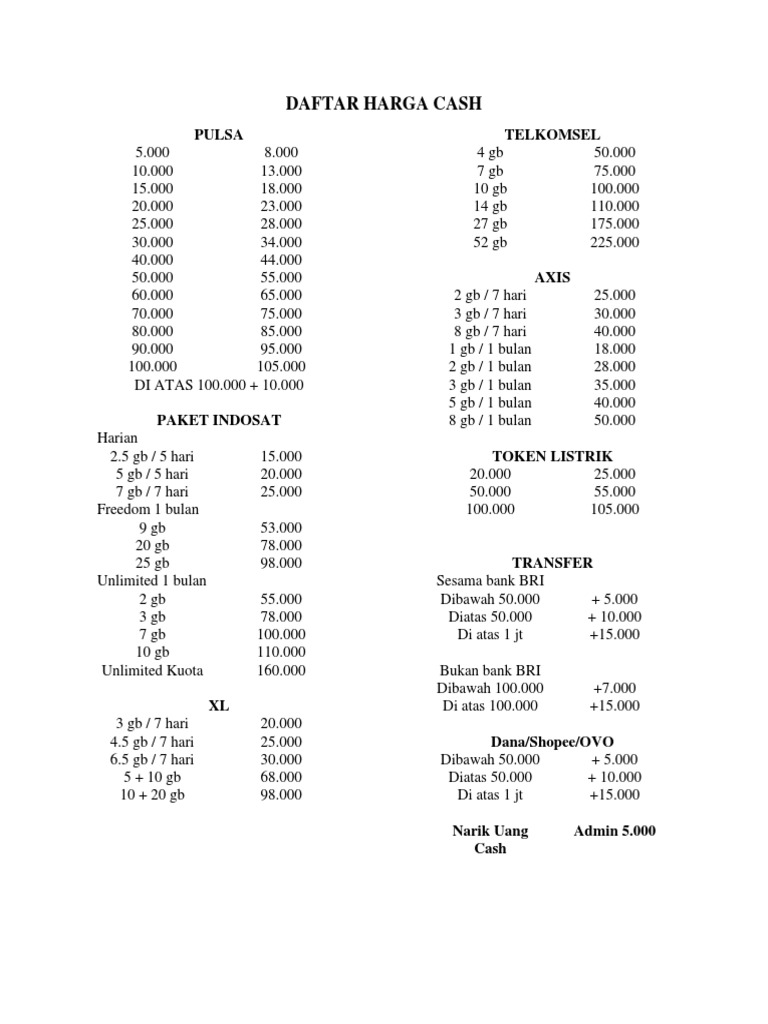 Daftar Harga Cash | PDF