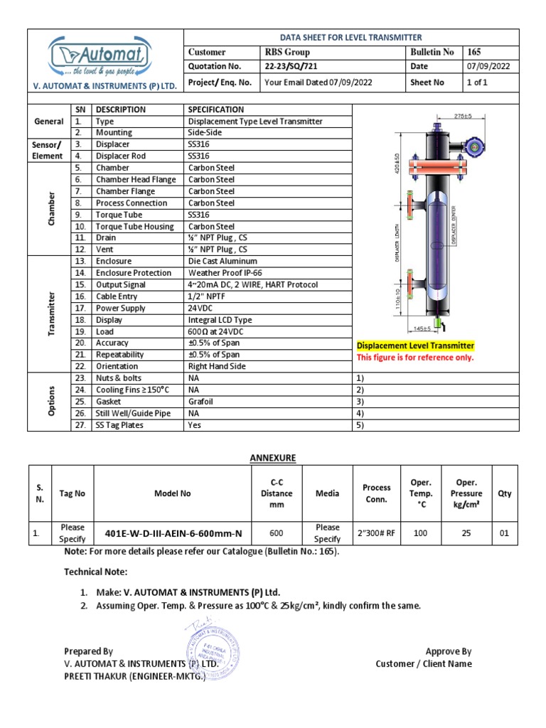 Level Transmitter Data Sheet | PDF