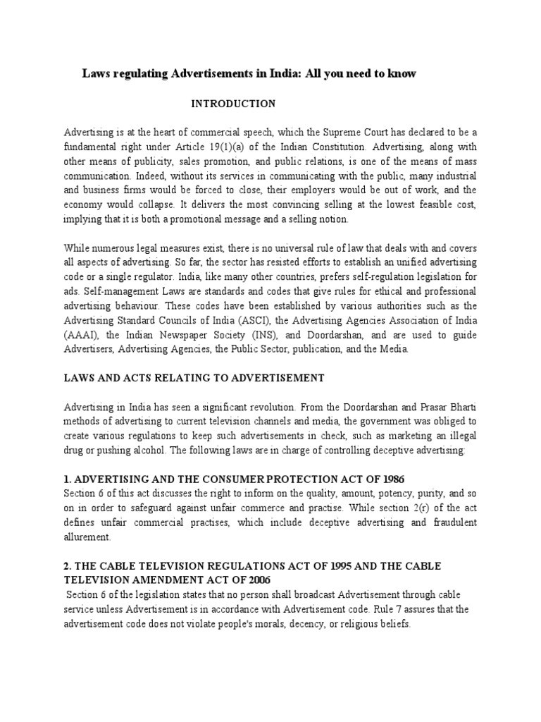 Laws Regulating Advertisements in India All You Need To Know | PDF ...