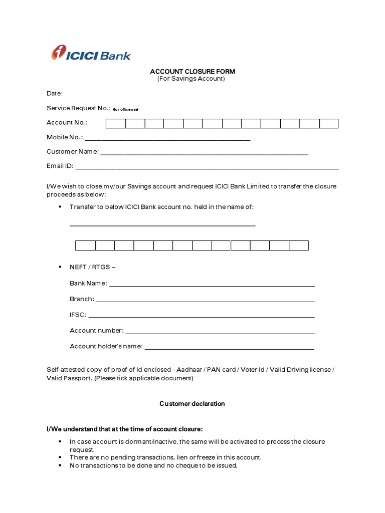 ICICI Bank Savings Account Closure Form | PDF