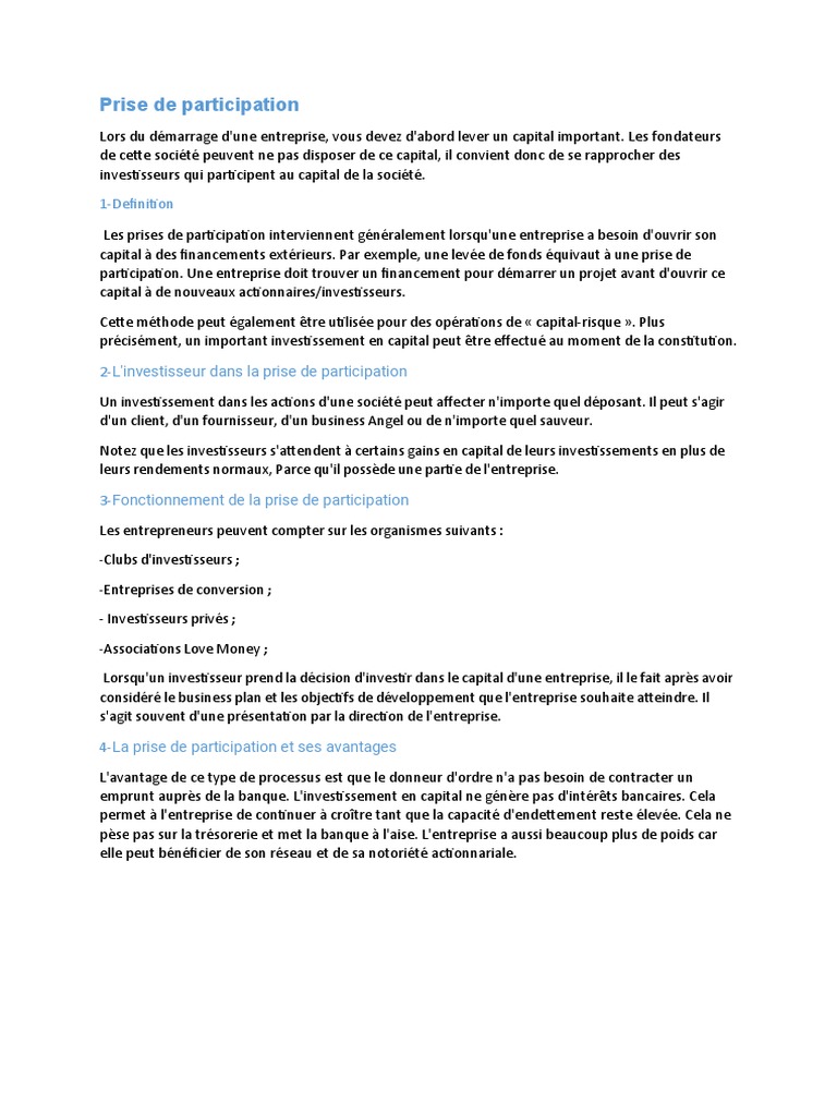 Prise de Participation | PDF | Business | Investisseurs