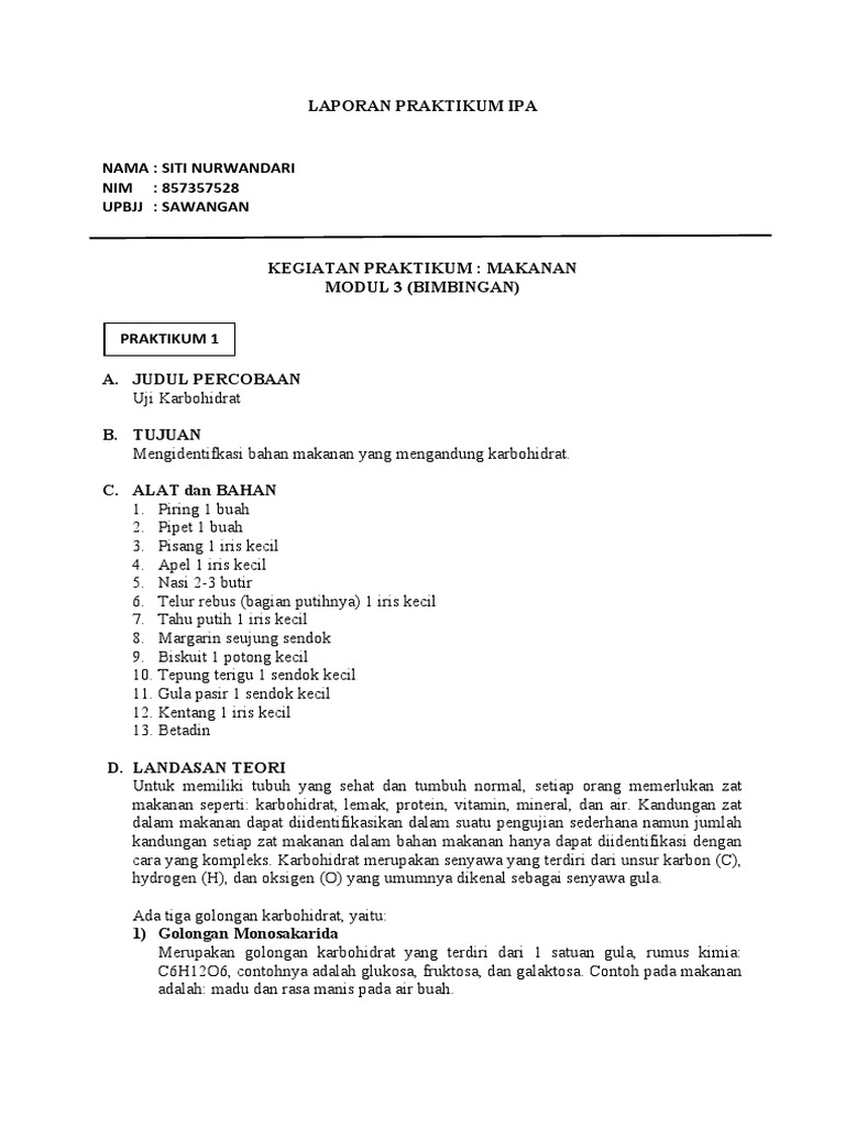 Lkp Ipa Uji Zat Makanan Uji Karbohidrat Pdf