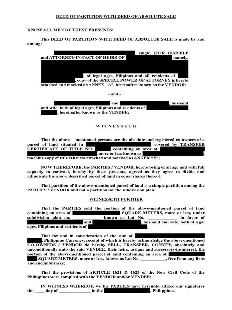 Sample Deed of Sale and Partition PDF Deed Land Law