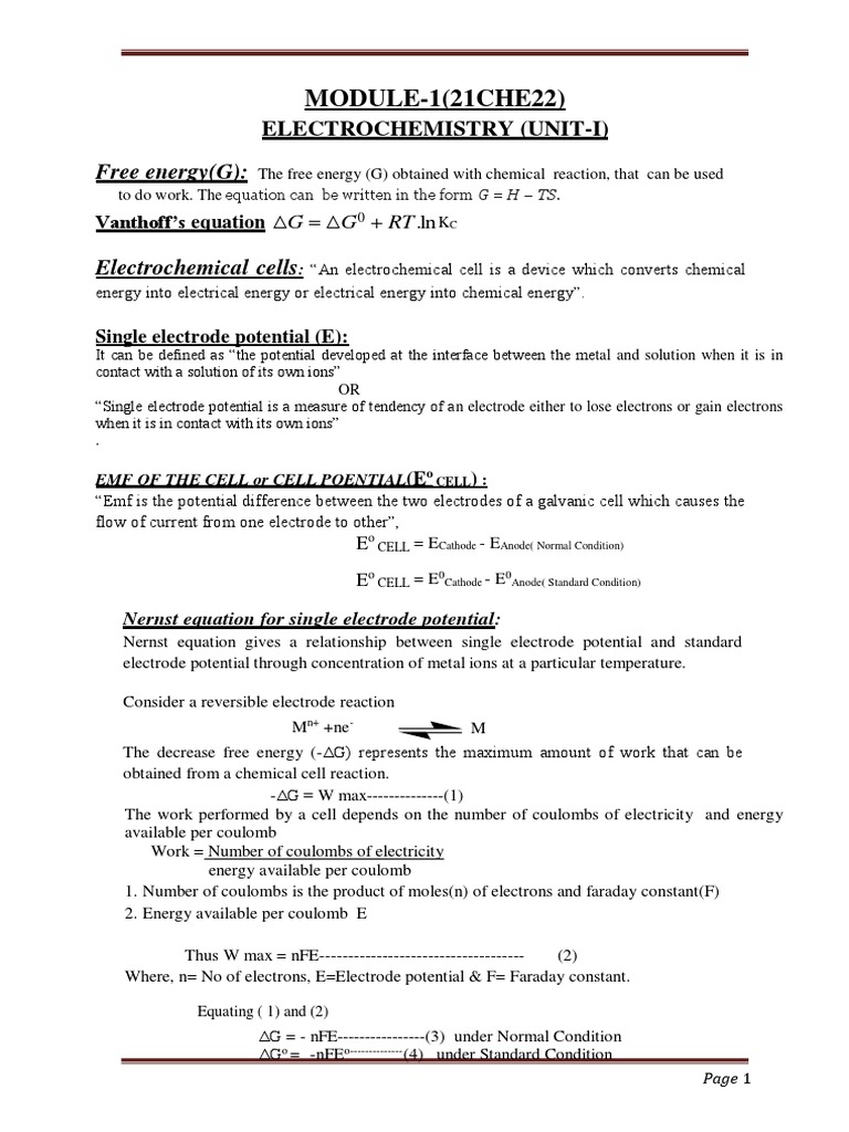 Module1Electrochemistry Unit1Notes PDF Electrochemistry Ph