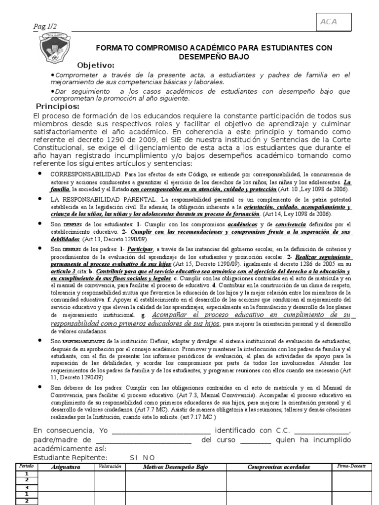 FORMATO compromiso de PADRES Por Estudiantes Con desempeño 