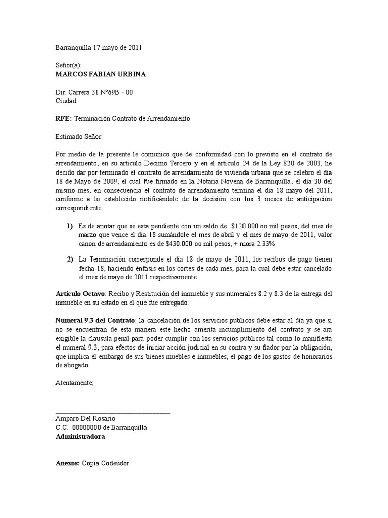 Labace Modelo De Carta De Terminacion De Contrato De Arrendamiento