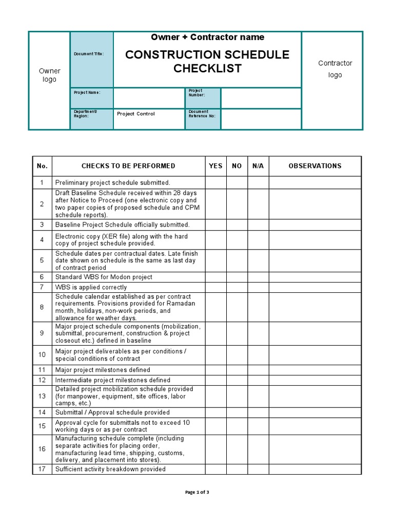 001 Standard Baseline Review Checklist (Consultant To Contractor) PDF
