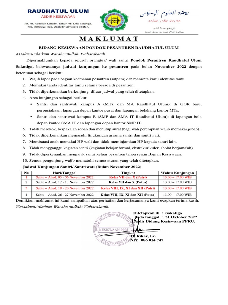 Maklumat Kesiswaan PPRU Kunjungan Santri Bulan Oktober 2022 | PDF