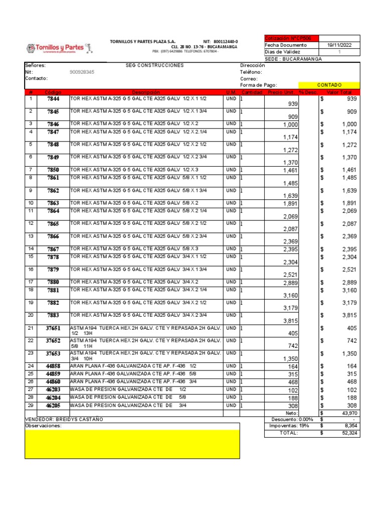 Precios Tornillos y Partes PDF
