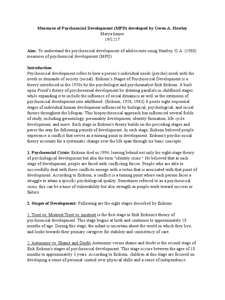 Measures of Psychosocial Development MPD Developed by Gwen A PDF | PDF