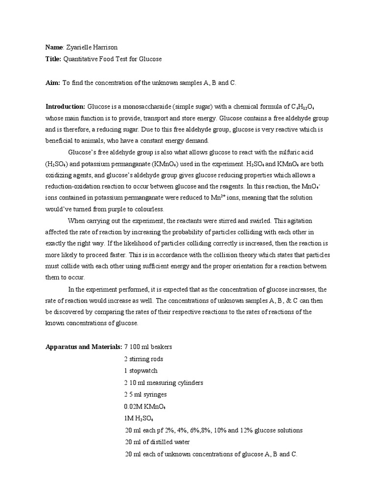 Quantitative Food Test For Glucose PDF
