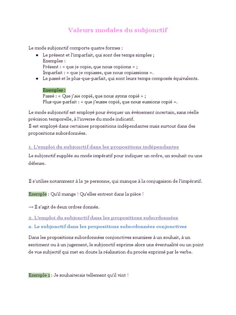 Valeurs modales du subjonctif en français | PDF | Temps (grammaire) | Verbe