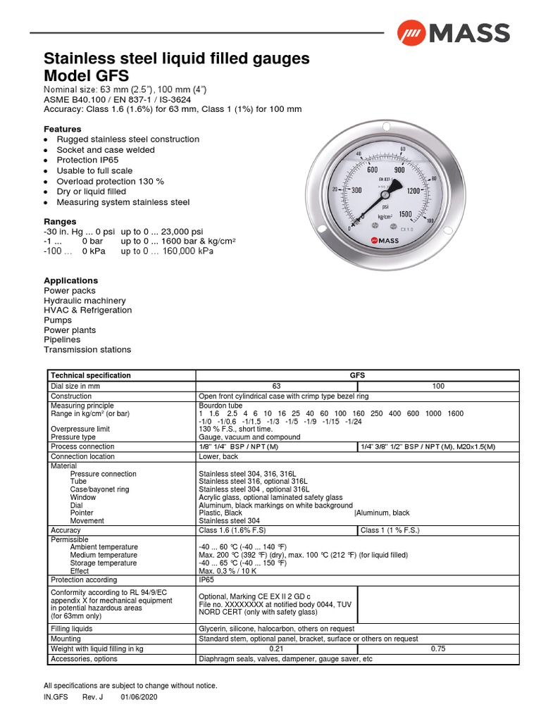 GFS Industrial Pressure Gauges PDF