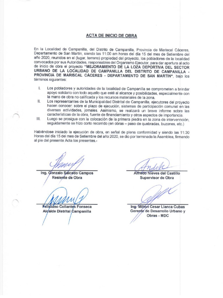 Acta de Inicio de Obra | PDF