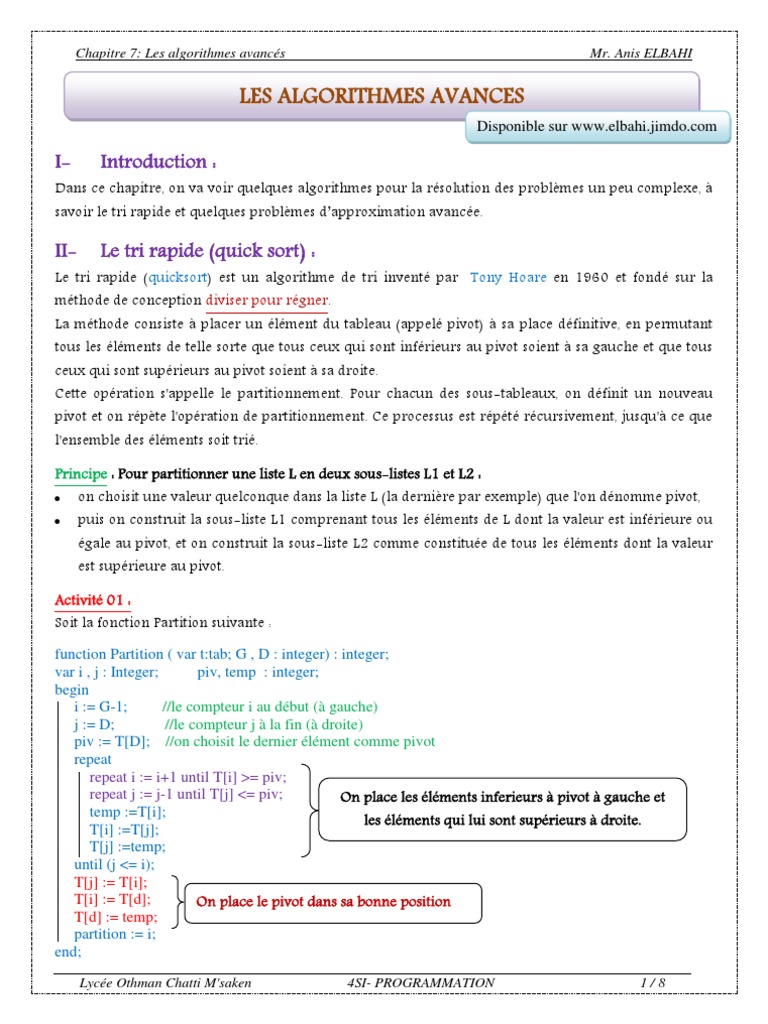 CH7-Les Algorithmes Avancés 2019 2020 Eleve | PDF | Génie logiciel ...