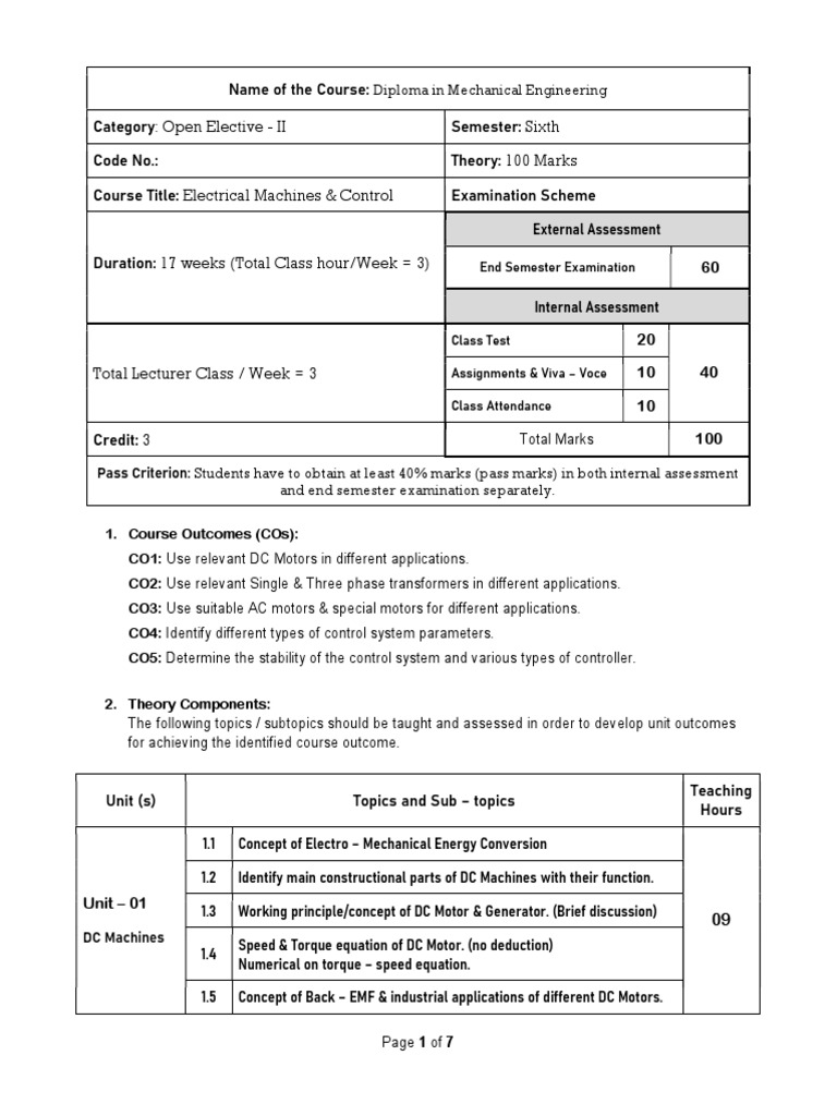 Model Syllabus of Electrical Machines & Control (For ME) PDF