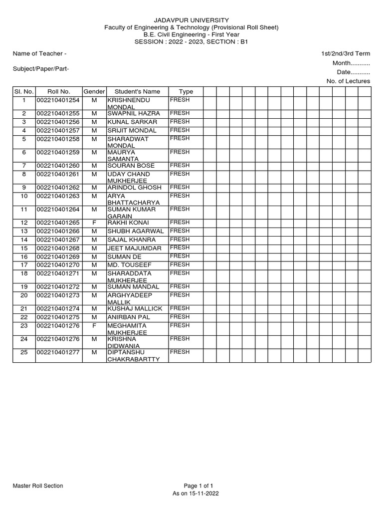 Roll Sheet Civil b1 1st 22-23 | PDF