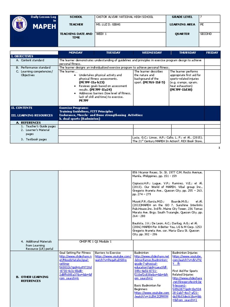 PE Lesson Plan: Badminton & Fitness | PDF | Physical Fitness | Teachers