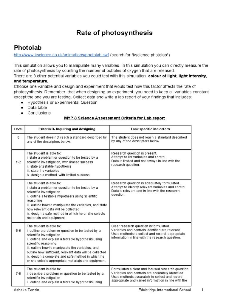 Rate of Photosynthesis Lab PDF Scientific Method Data