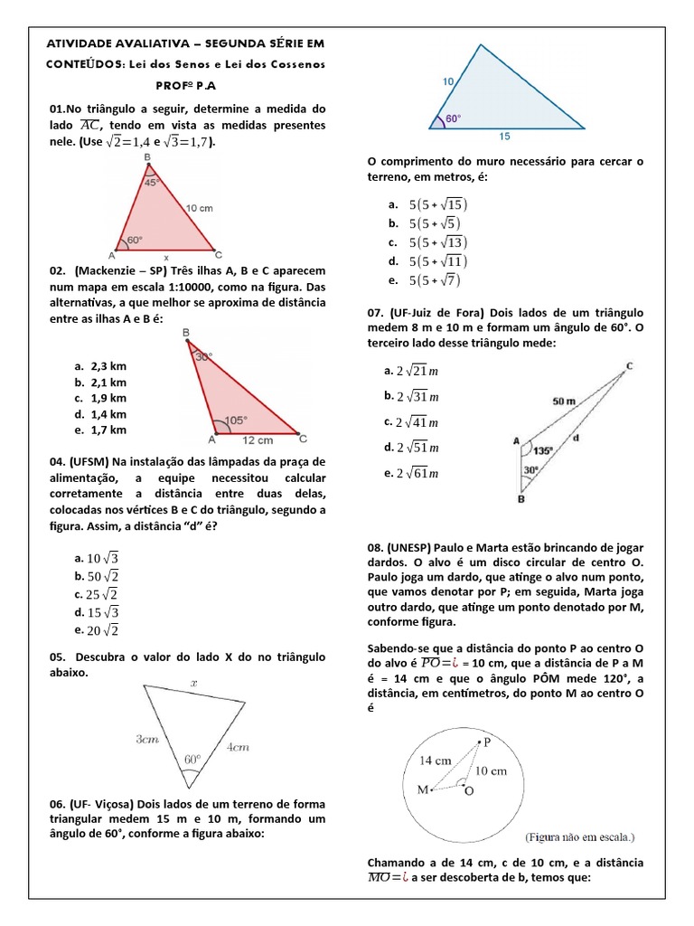 Exercícios sobre Lei dos Senos e Cossenos | PDF