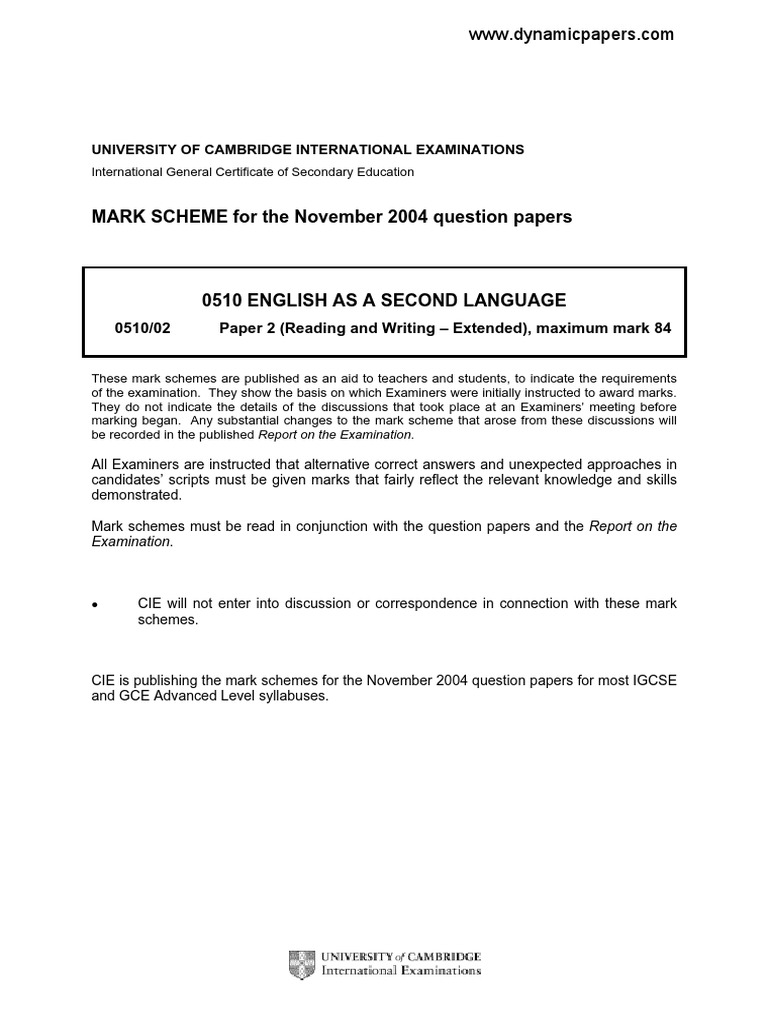 0510/02 Paper 2 (Reading and Writing Extended), Maximum Mark 84 PDF