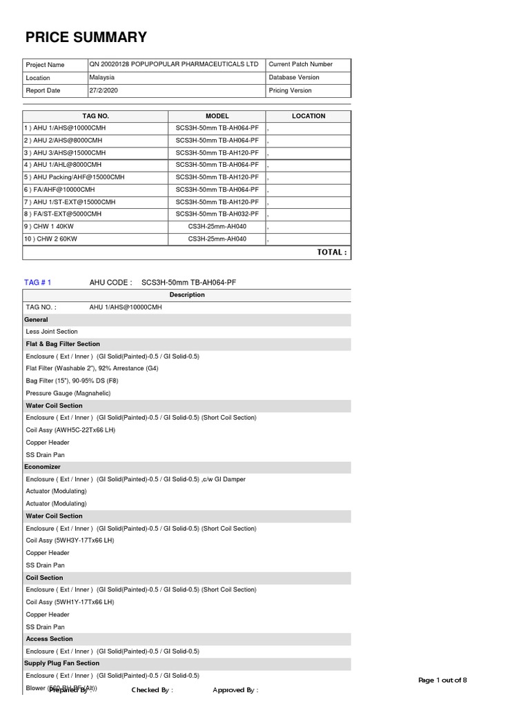 AHU Price Summary | PDF