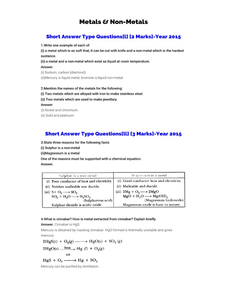 Metals & NonMetals Short Answer Type Questions (L) (2 Marks) Year