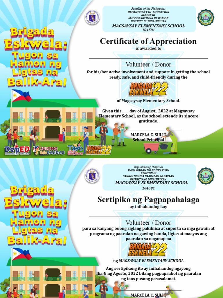 BRIGADA ESKWELA CERTIFICATE OF PARTICIPATION and PLEDE OF COMMITMENT
