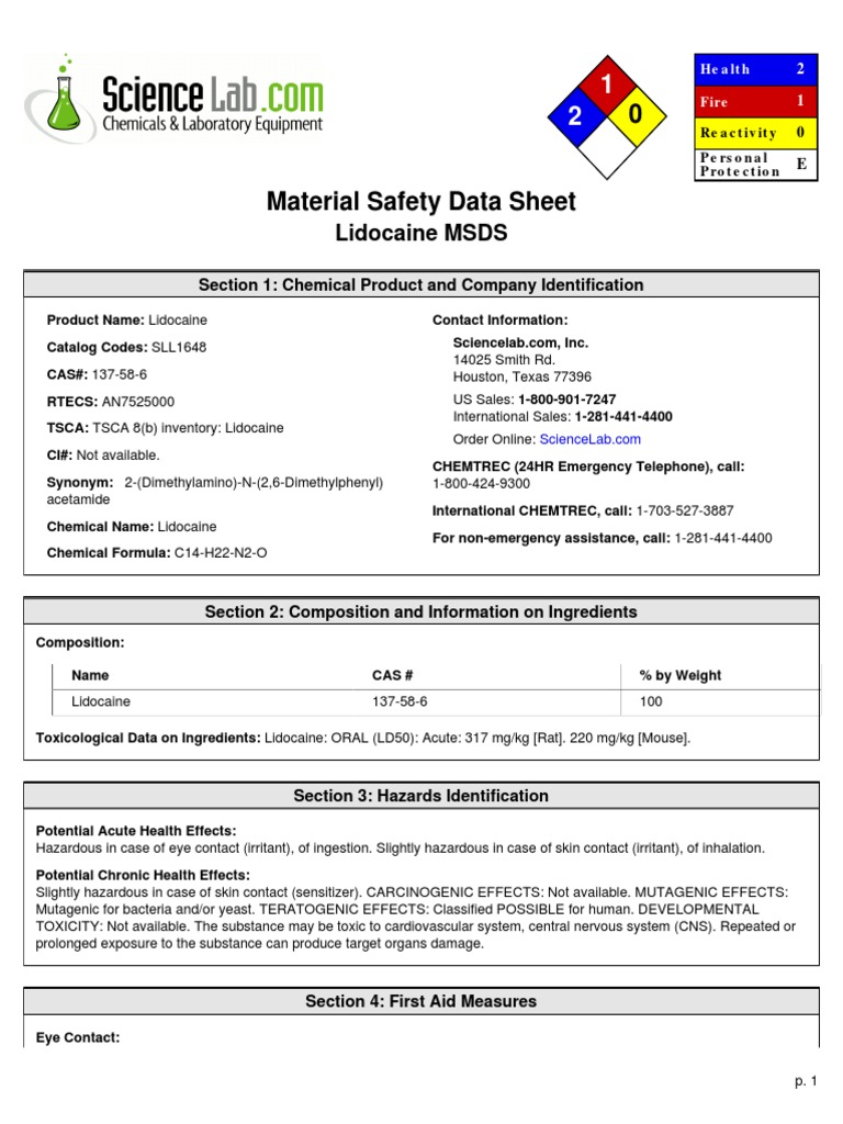 Lidocaine Msds PDF