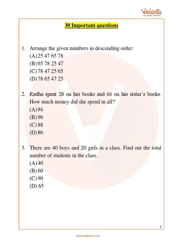 IMO Maths Important Questions For Class 2 PDF Mathematics