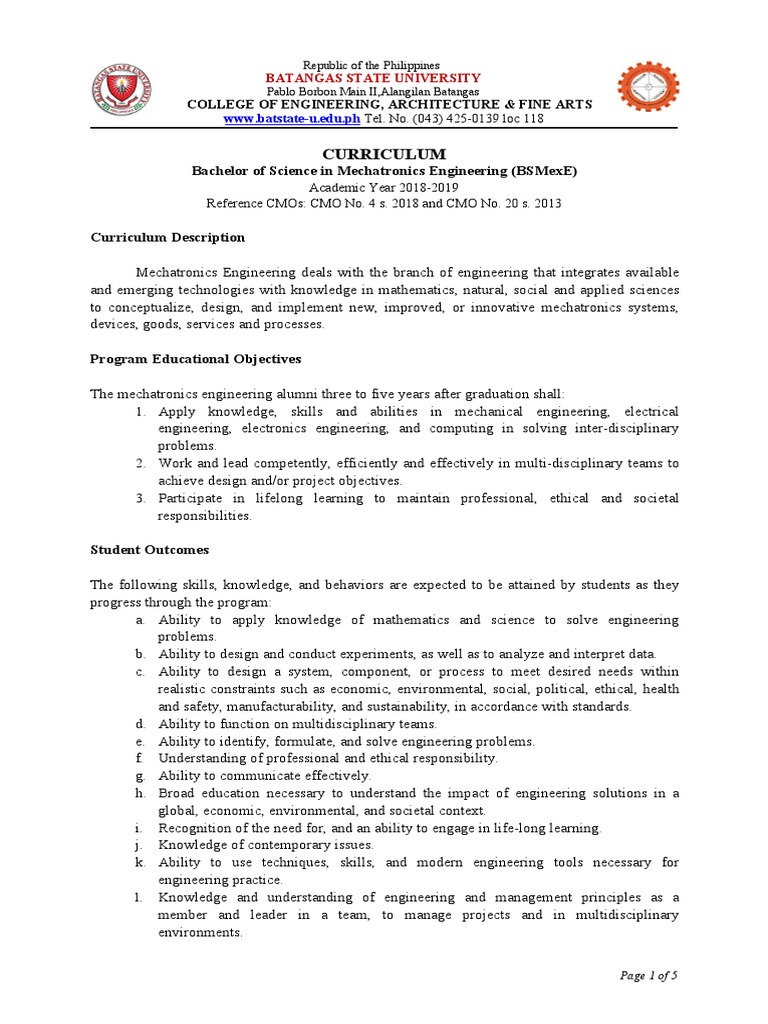 BS in Mechatronics Engineering Curriculum | PDF | Engineering ...