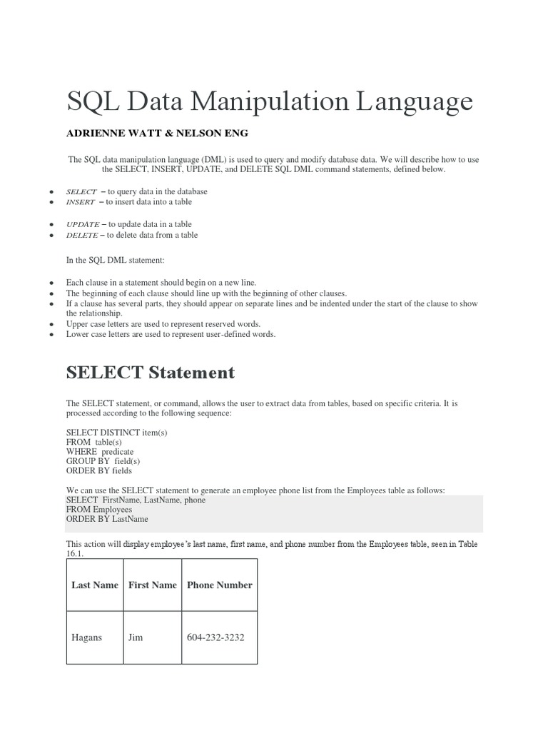 SQL Data Manipulation Operations Language (DBMS) | PDF