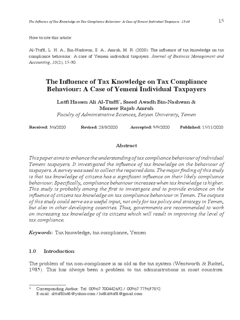 The Influence of Tax Knowledge On Tax Compliance Behaviour: A Case of ...
