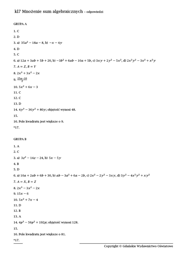 7 Mnożenie Sum Algebraicznych - Klucz | PDF