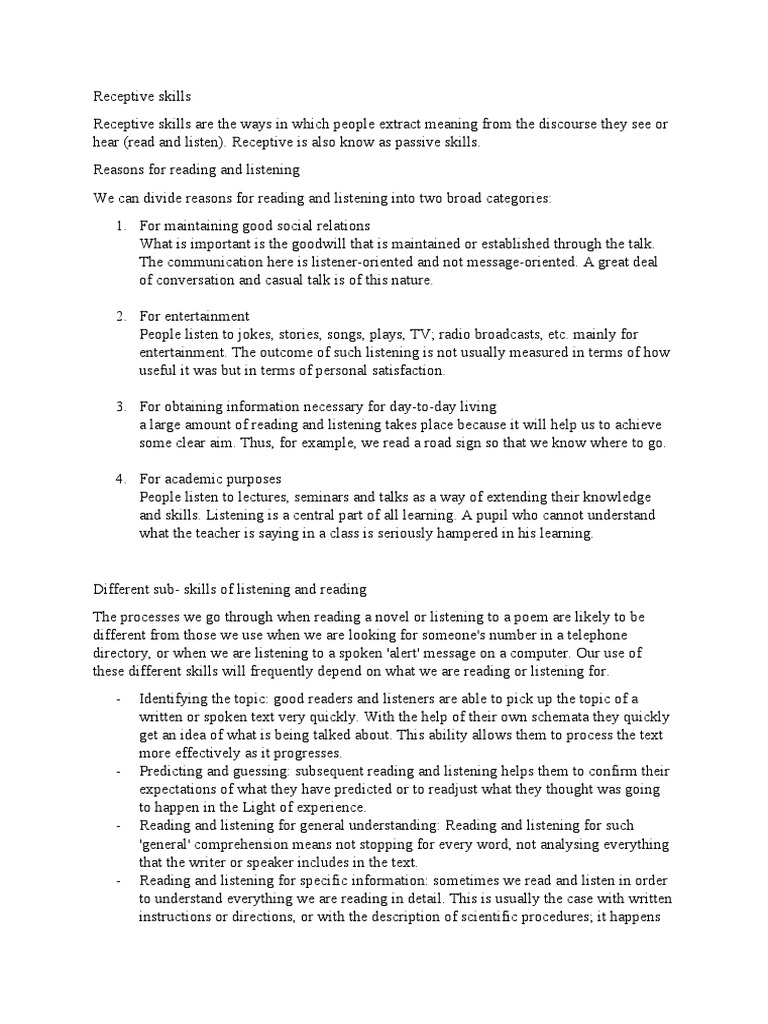 Understanding Receptive Skills | PDF | Speed Reading | Reading ...