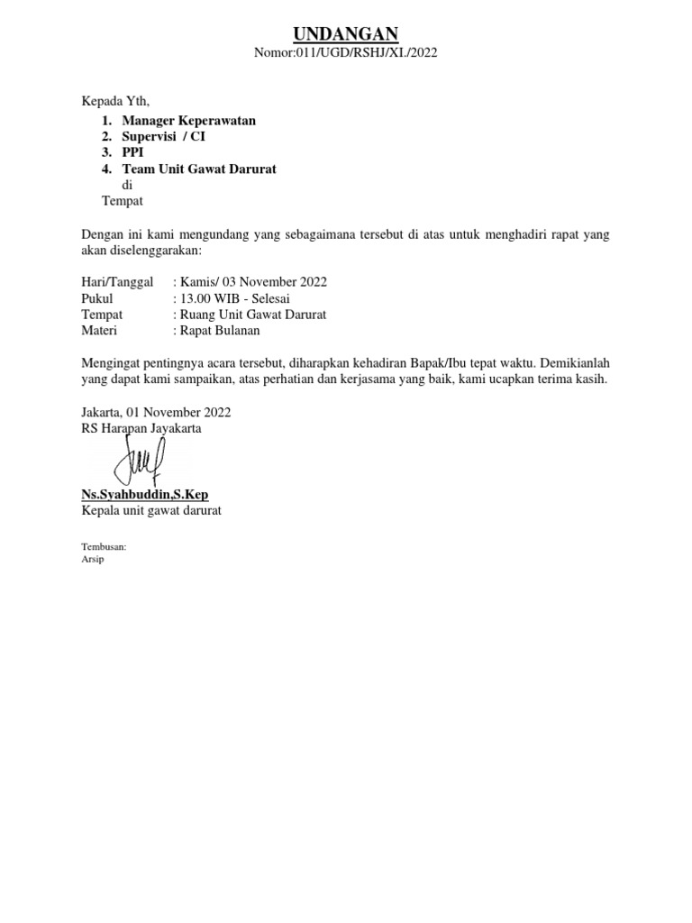 Undangan & Notulen Rapat BULANAN UGD NOVEMBER | PDF