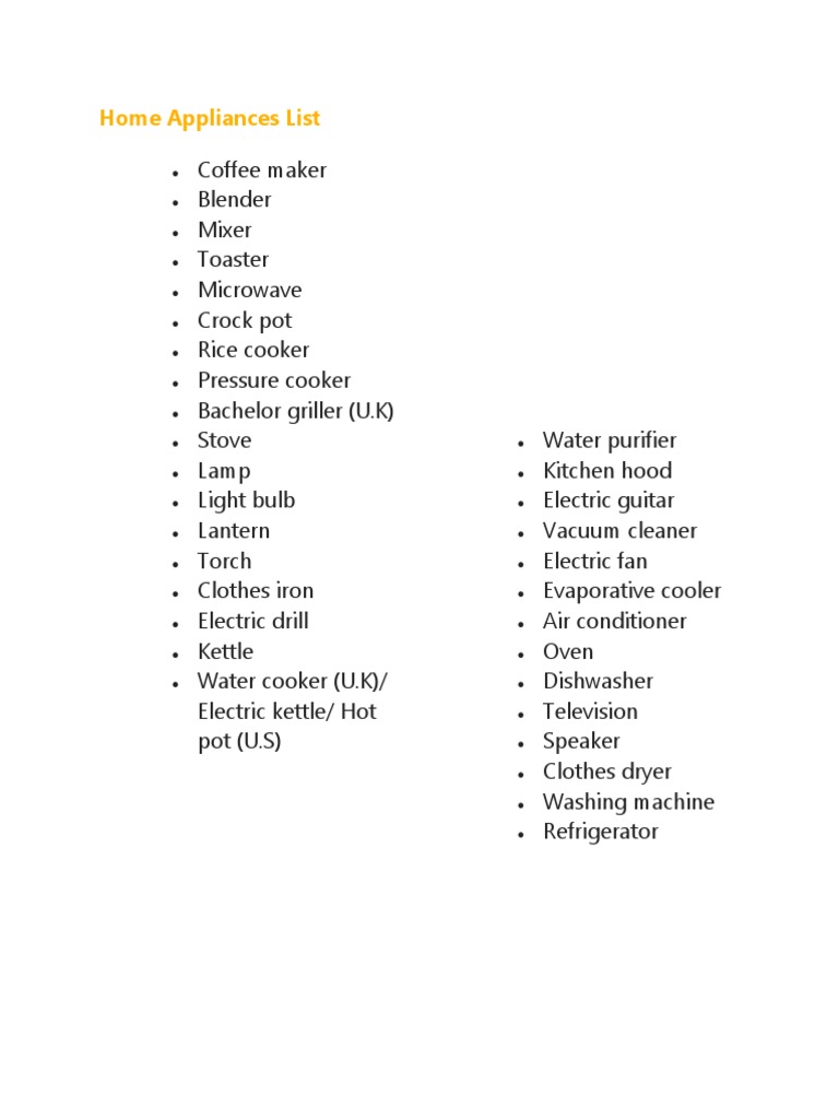 Home Appliances List | PDF