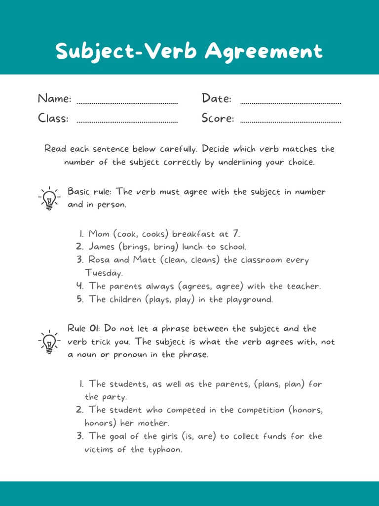 Subject Verb Agreement Worksheet | PDF