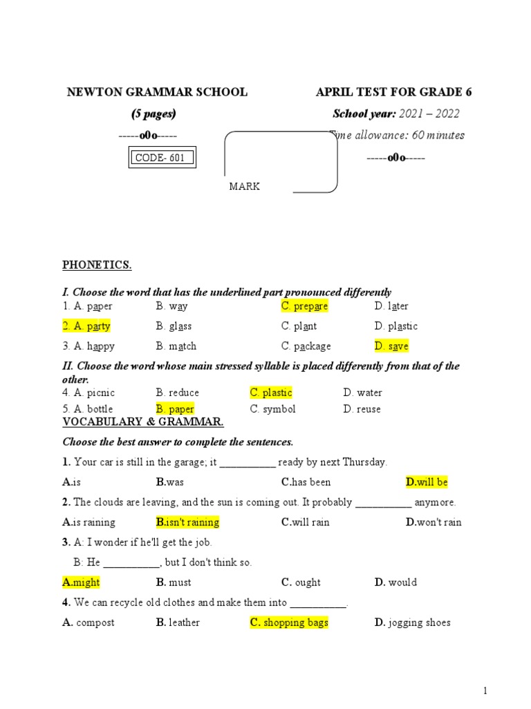 Grade 6 April Test | PDF | Earth