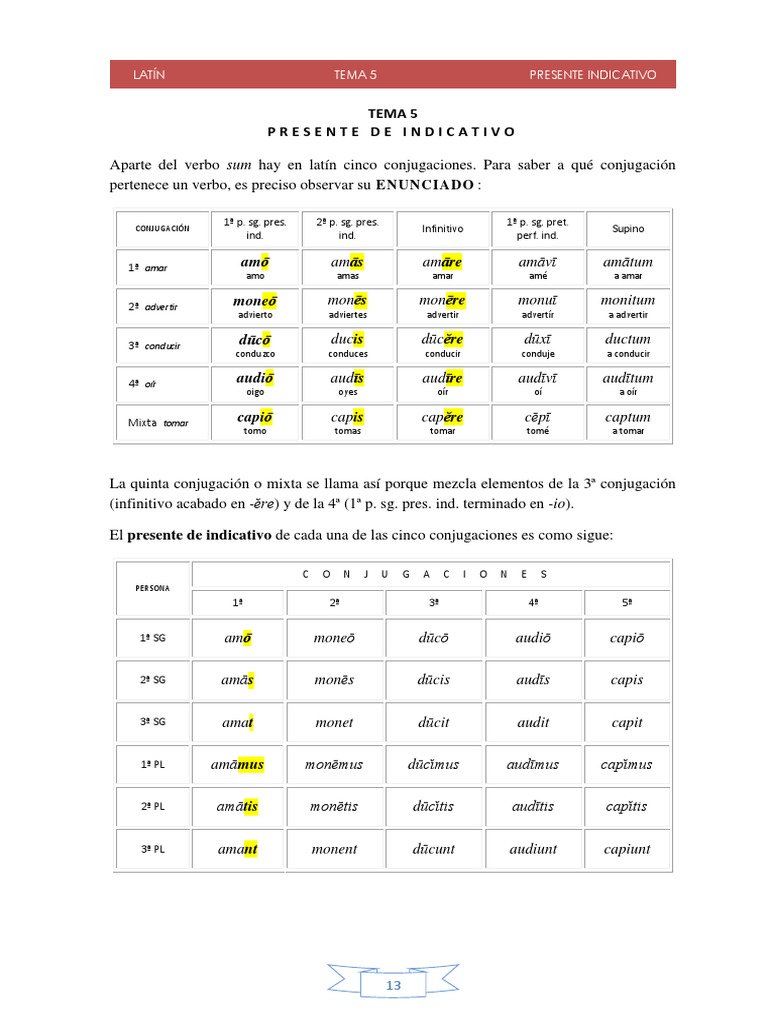 Latín Tema 5 Presente Indicativo Latín PDF