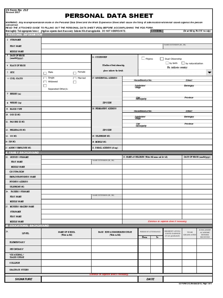 CS Form No. 212 Revised Personal Data Sheet New PDF