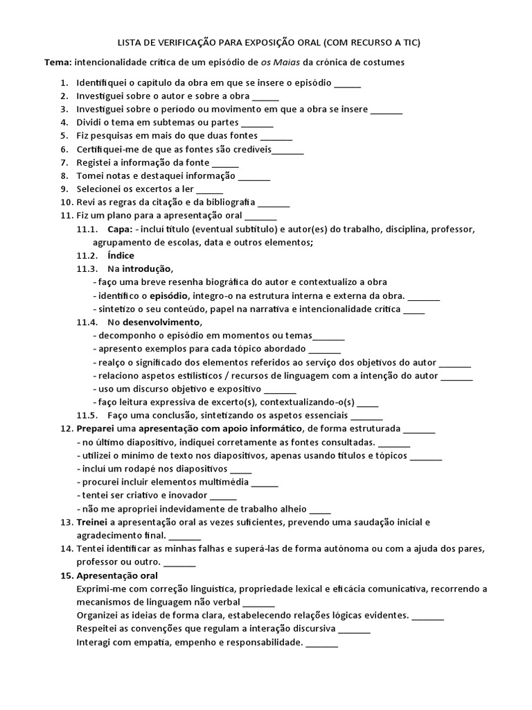 Lista de Verificação para Texto Expositivo Oral | PDF