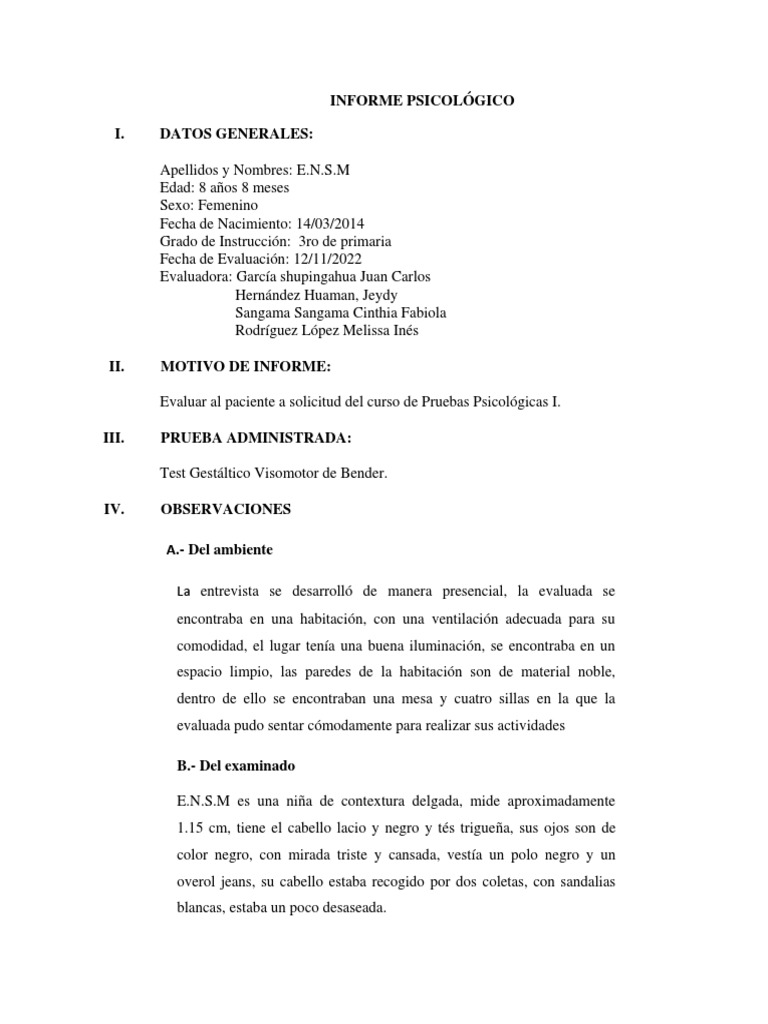 Informe Psicológico de Evaluación Infantil | PDF | Las emociones ...