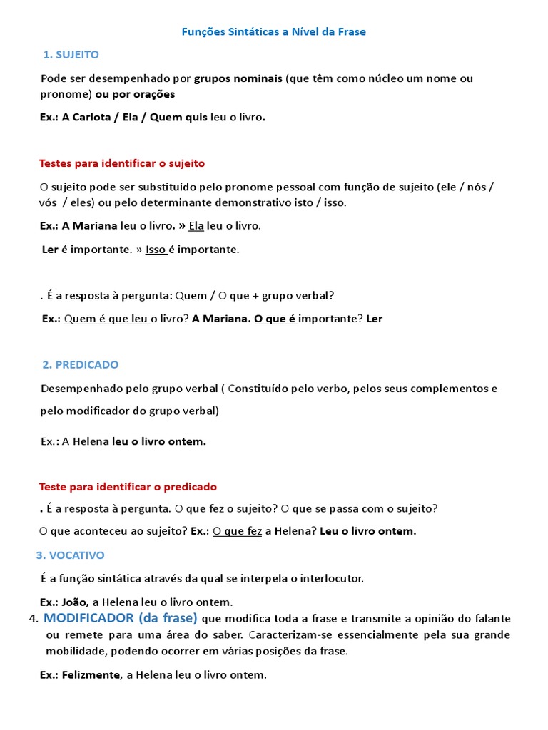 Funções Sintáticas - Resumo | PDF | Assunto (gramática) | Pronome