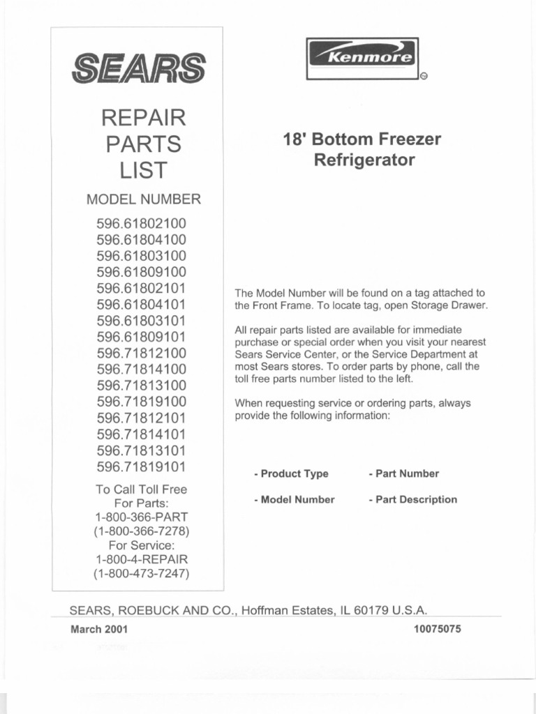 Kenmore Bottom Freezer Refrigerator Stainless Steel 596.71813100 Parts