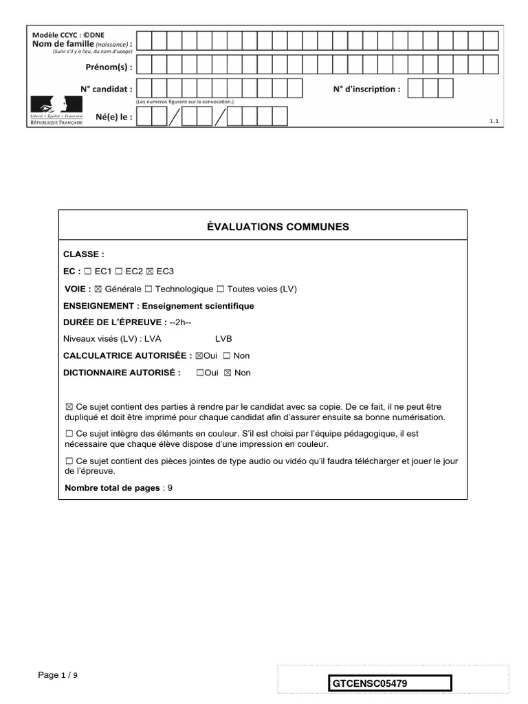 E3c Enseignement Scientifique Terminale 05479 Sujet Officiel PDF
