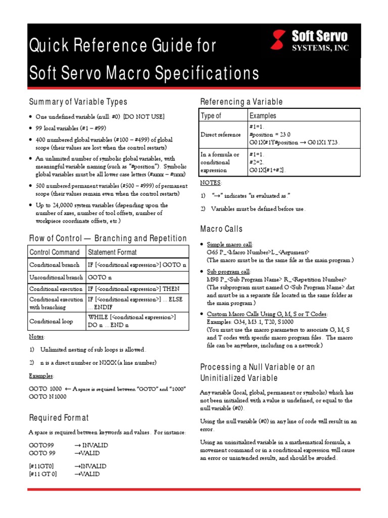 Quick Reference Guide For Soft Servo Macro Specifications | PDF