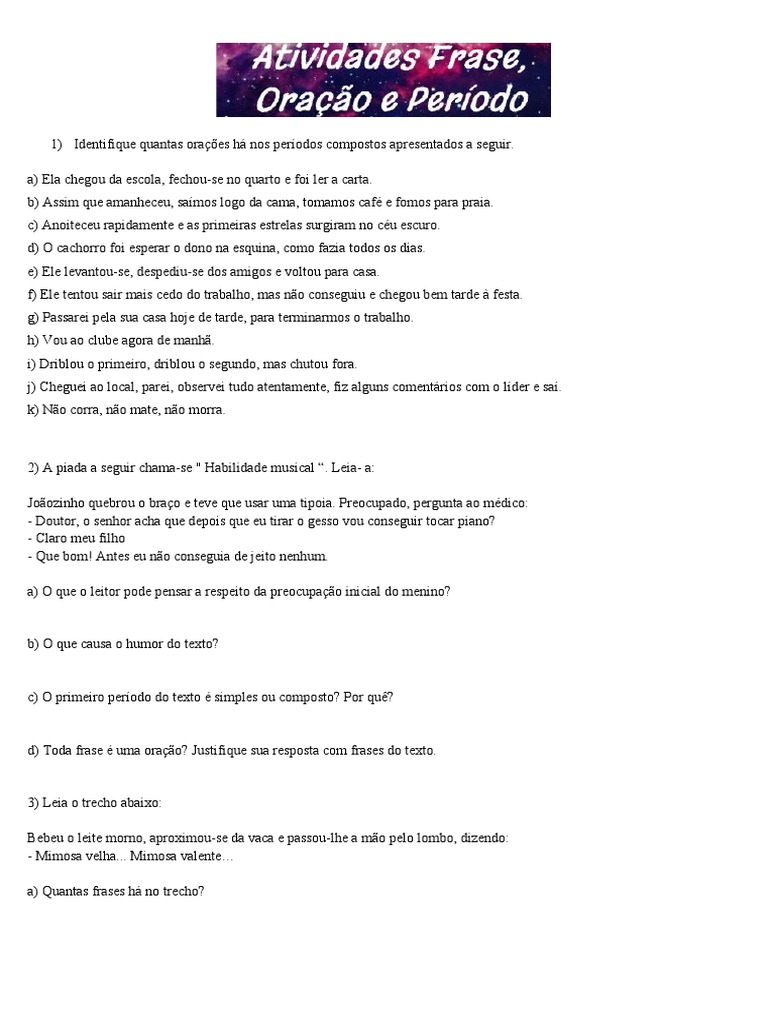 Atividades Frase, Oração e Período | PDF