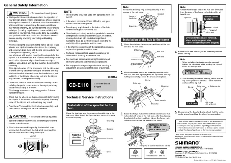 Shimano CBE110 Coaster Brake Hub Instructions PDF