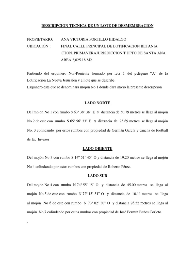 Descripción Técnica Lote Desmembración Santa Ana | PDF